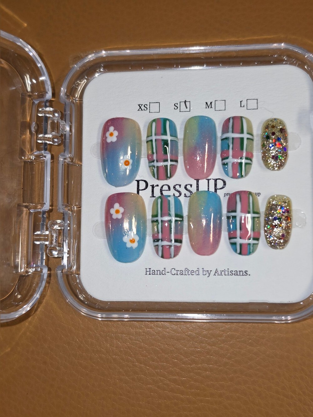 Multicolor Gradient & Plaid Press-On Nails - Blue/Pink/Gold
